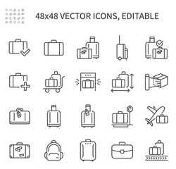 
Simple vector line icons. On Luggage Theme Contains Such Icons As Bags Size, Backpack, Air Baggage, Check And More.