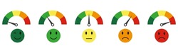  Indicator meter, measure. Ratings of different quality levels. Emotional smilies.  Colorful speedometer.  Vector illustration eps10