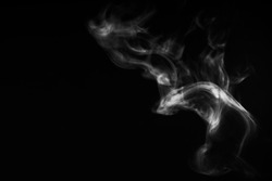 White natural steam smoke effect on solid black background with abstract blur motion wave swirl use for overlay in pollution, vapor cigarette, gas, dry ice, warm hot food, boil water smoke concepts