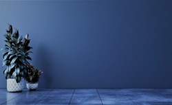 Dark wall empty room with plants on a floor,3D rendering