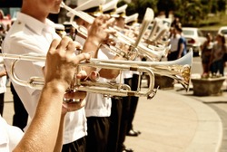 Trumpet players in a military band