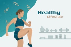 Fitness woman banner template of healthy lifestyle.
