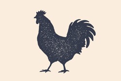 Rooster, chicken, hen, silhouette. Vintage logo, retro print for Butchery meat shop, rooster silhouette. Logo for meat business, meat shop. Isolated silhouette rooster. Vector Illustration