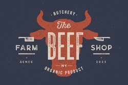 Beef, cow, bull. Vintage typography, lettering, retro print, poster for Butchery meat shop, cow head silhouette with lettering text Beef. Isolated silhouette cow head, meat theme. Vector Illustration
