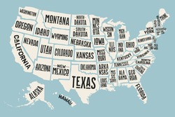 Poster map of United States of America with state names. Print map of USA for t-shirt, poster or geographic themes. Hand-drawn colorful map with states. Vector Illustration