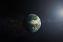 Earth in the space. View of the planet Earth from space. 3D model of the Earth View. Blue planet for wallpaper. 