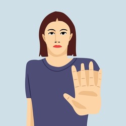 a woman saying no with her hand with blue background, fed up with bullying, asking to stop