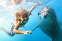 A little blonde seven year old girl diving with funny dolphins underwater. An ocean life sports extreme design. Kid with marine animal. Red sea diving in blue water.