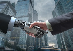 Business Human and Robot hands in handshake. Artificial intelligence technology Design Concept. Friendship between Artificial and real man conceptual template.