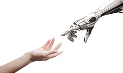 Female human hand and robot's as a symbol of connection between people and artificial intelligence technology isolated on white for design