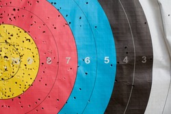 Close up of a shooting target and bullseye with holes, drilled background
