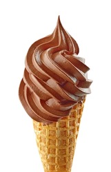 soft chocolate ice cream swirl in waffle cone isolated on white background