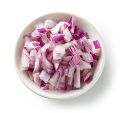 bowl of fresh raw chopped onions isolated on white background, top view