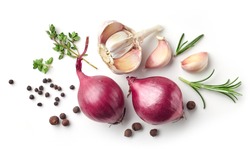 Composition of red onions, garlic and various spices isolated on white background, top view