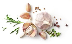 garlic and herbs isolated on white background, top view