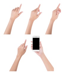 Woman hands holding smart phone with blank screen display and collection of different index finger touching or pointing to something, digital and communication concept, Isolated on white background.