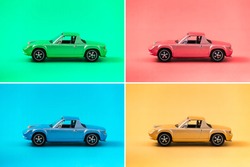 Colorful collection of retro toy car model with side view on colorful background. Green, Red, Blue, Yellow. traveling and transport concept.