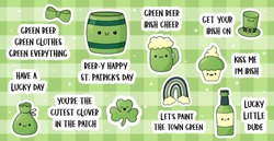 Set of stickers and quotes for St. Patrick's Day. Collection of adorable elements. Kawaii style clip arts. Checkered background. Cute beer bottle, mug,  leprechaun hats, shamrock, barrel. 