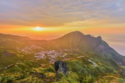 Panoramic View of Jiufen, JinGuaShih, Keelung Mountain and Yinyang Sea from the Peak of Teapot Mountain At Sunset , Ruifang District, New Taipei City, Taiwan
