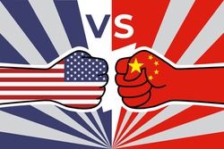 USA China trade war. US flag fist vs china flag fist. American chinese economic confrontation. Vector flat icon for web banner, posts