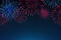 National holiday of the usa. Starry sky background with fireworks in colors of american flag. 4th july us independence day. Happy united states greeting card. Vector illustration, poster