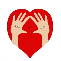 red heart with hands saying no to war