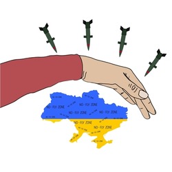 The hand covers Ukraine from missiles. Inscription no fly zone