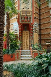 Casa vicens gaudi firt building. Catalonian museum. Architecture and colorful with garden plants