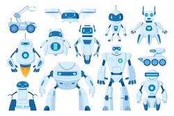 Cartoon robots, digital cyborgs, innovation technology machines. Robots, chatbots and drones, mechanical personal assistants vector symbols illustration set. Modern robots collection