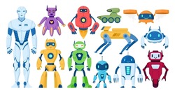 Cartoon robots, cartoon personal assistants and chatbots. Modern digital cyborgs, robotic drones mascots flat vector symbols illustration set. Robots collection