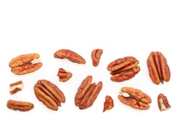 pecan nut isolated on white background with copy space for your text. Top view. Flat lay