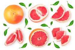 Grapefruit and slices isolated on white background. Top view. Flat lay. With clipping path and full depth of field, Set or collection