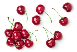 red sweet cherry isolated on white background with clipping path . Top view. Flat lay