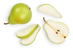 Green pear fruit with half and slices isolated on white background with clipping path. Top view. Flat lay