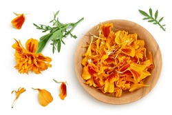 fresh marigold or tagetes erecta flower isolated on white background with clipping path and full depth of field. Top view. Flat lay