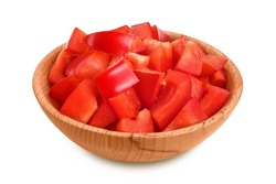 slices of red sweet bell pepper in wooden bowl isolated on white background with full depth of field