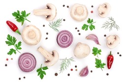 mushrooms with onion parsley leaf garlic and peppercorns isolated on white background. top view