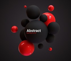 Abstract black and red image of flying spheres. Set of realistic, 3d balls and bubble, vector illustration. Futuristic  background for your design.