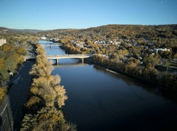view of susquehanna river in downtown bighamton new york (southern tier, small town usa) aerial view from above
