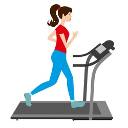 Pretty woman running on a treadmill. Young woman running vector illustration. Woman on treadmill vector. Fitness woman working out. Sporty girl on treadmill. Fitness woman vector illustration.