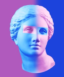 Modern conceptual art poster with blue purple colorful antique Venus bust. Contemporary art collage.