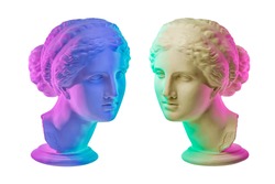 Statue of Venus de Milo. Creative concept colorful neon image with ancient greek sculpture Venus or Aphrodite head. Webpunk, vaporwave and surreal art style. Isolated on a white.