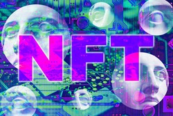 NFT Non fungible token. Crypto art concept. Technology selling unique collectibles, games characters, blockchain assets and digital artwork. Future of art market. Cryptocurrencies and e-commerce.