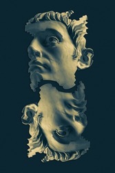 Collage with antique sculpture of human face in surreal style. Modern creative concept image with ancient statue head. Zine culture. Contemporary art poster. Funky punk minimalism. Unusual design.