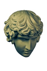 Bronze color gypsum copy ancient statue Antinous head lover of Roman Emperor Hadrian for artists isolated on white background. Plaster sculpture of man face. Template art design dj, fashion, poster.