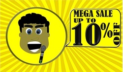10% off.Discount banner for mega big sales,doll advertising ten percent discount on yellow balloon,yellow striped canvas background.