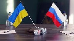Ukraine Russia negotiation with a poison vial on a wood table