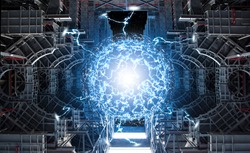 Conceptual high tech power plant thermonuclear or nuclear reactor, including elements of fusion space stations, electricity production, microwave components.Elements of this image furnished by NASA.