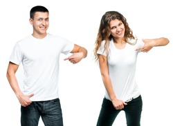 young man and girl in white T-shirts isolated on white background
