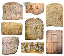 photo collage of the ancient Egyptian paintings, reliefs and inscriptions on stones